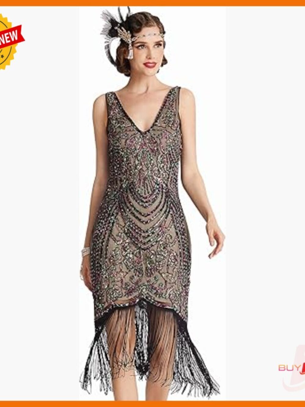 Flapper Dress 1920s V-Neck Beaded Fringe Gatsby Party Cocktail